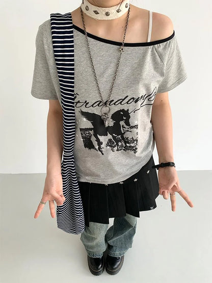 Summer Sleeveless Off Shoulder Color Block T-Shirt