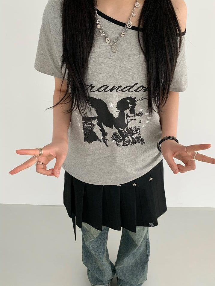 atrandom Summer Sleeveless Off Shoulder Color Block T-Shirt