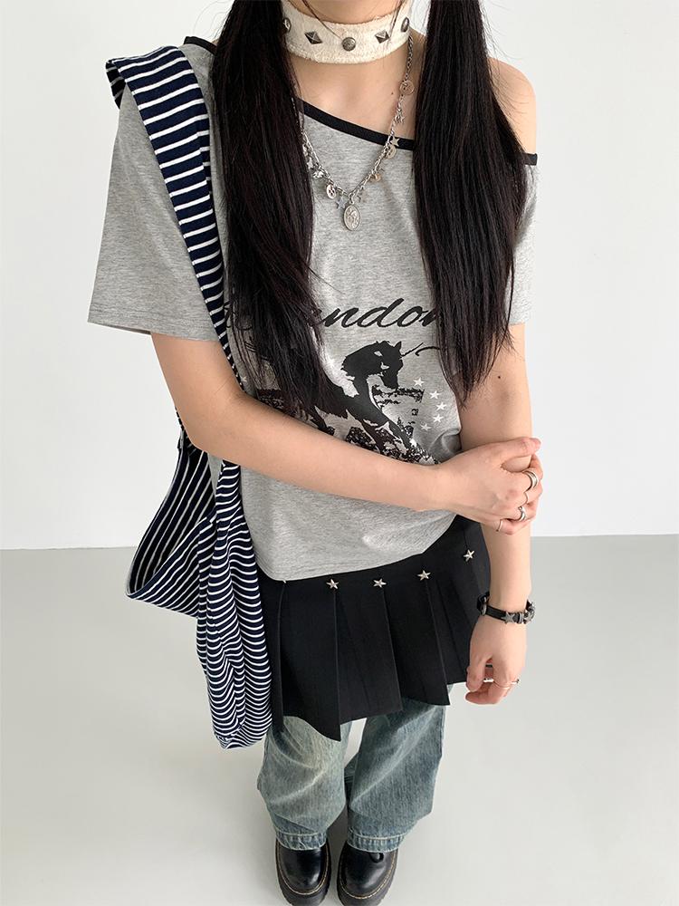 atrandom Summer Sleeveless Off Shoulder Color Block T-Shirt