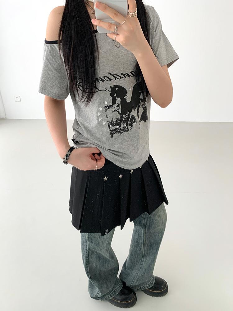 atrandom Summer Sleeveless Off Shoulder Color Block T-Shirt