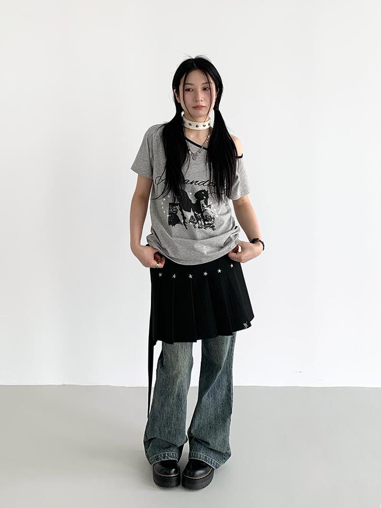 atrandom Summer Sleeveless Off Shoulder Color Block T-Shirt