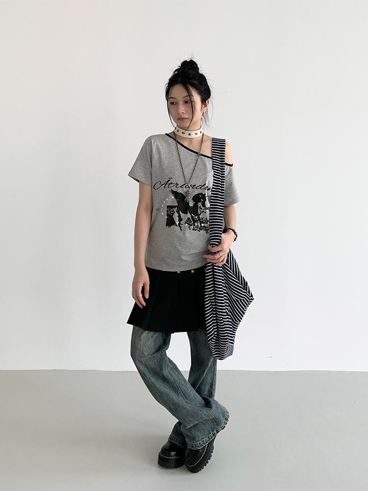 atrandom Summer Sleeveless Off Shoulder Color Block T-Shirt