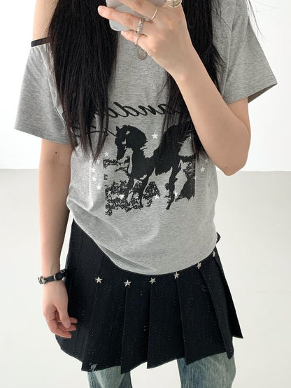 atrandom Summer Sleeveless Off Shoulder Color Block T-Shirt