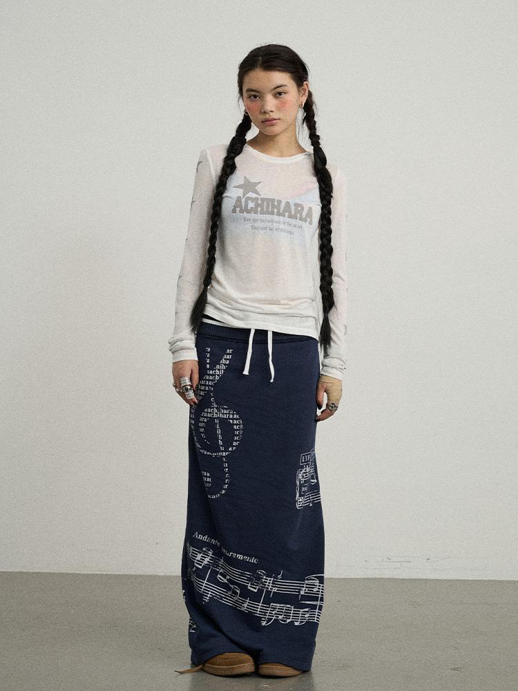 Achihara Summer Star Print Knitted Cotton Long Sleeve T-Shirt For Women
