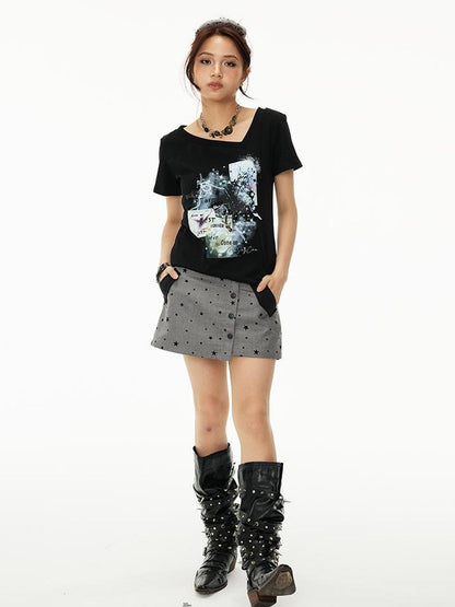 MOMSYCAN FOX LINE Summer Starry Flocking Hem Cute Mini Skirt