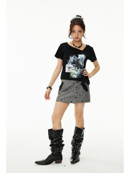 MOMSYCAN FOX LINE Summer Starry Flocking Hem Cute Mini Skirt