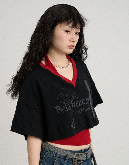 Achihara Summer V-Neck Puff Short Sleeve Tee - Loose Fit Cotton Blend Top