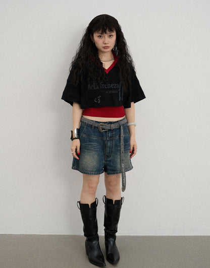 Achihara Summer V-Neck Puff Short Sleeve Tee - Loose Fit Cotton Blend Top