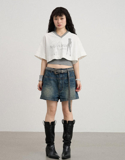 Achihara Summer V-Neck Puff Short Sleeve Tee - Loose Fit Cotton Blend Top
