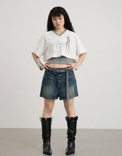 Achihara Summer V-Neck Puff Short Sleeve Tee - Loose Fit Cotton Blend Top