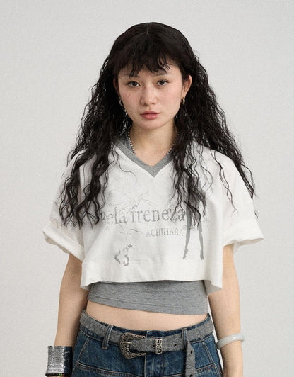 Achihara Summer V-Neck Puff Short Sleeve Tee - Loose Fit Cotton Blend Top