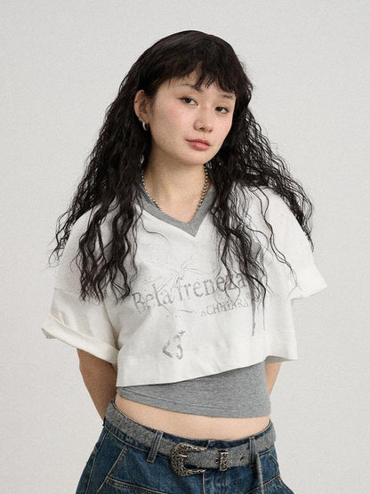 Achihara Summer V-Neck Puff Short Sleeve Tee - Loose Fit Cotton Blend Top