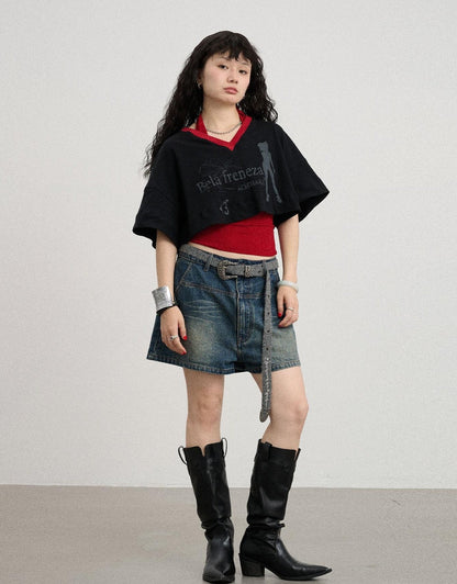 Achihara Summer V-Neck Puff Short Sleeve Tee - Loose Fit Cotton Blend Top