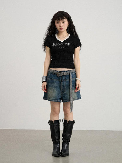 Summer V-neck Ruffle Cotton Tee