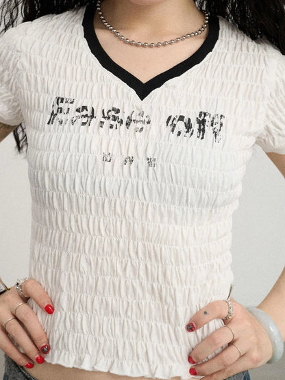 Summer V-neck Ruffle Cotton Tee