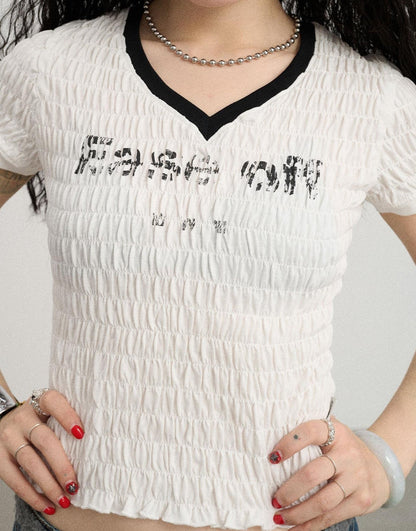 Achihara Summer V Neck Ruffle Cotton Tee