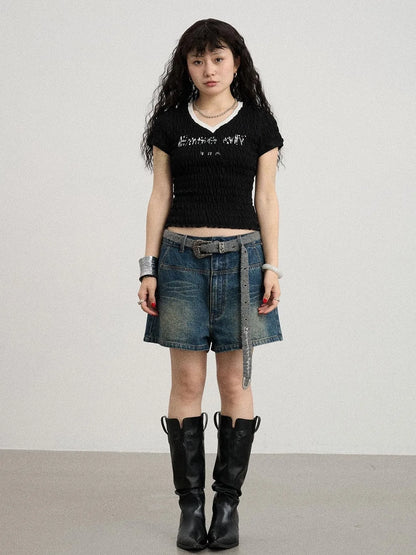 Summer V-neck Ruffle Cotton Tee