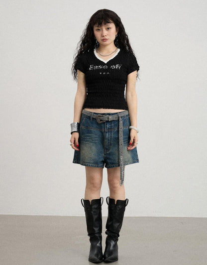 Achihara Summer V Neck Ruffle Cotton Tee