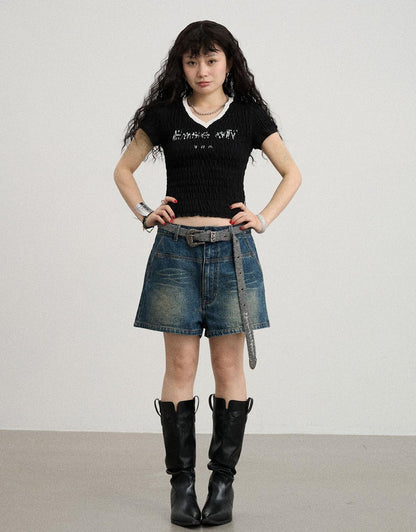 Achihara Summer V Neck Ruffle Cotton Tee