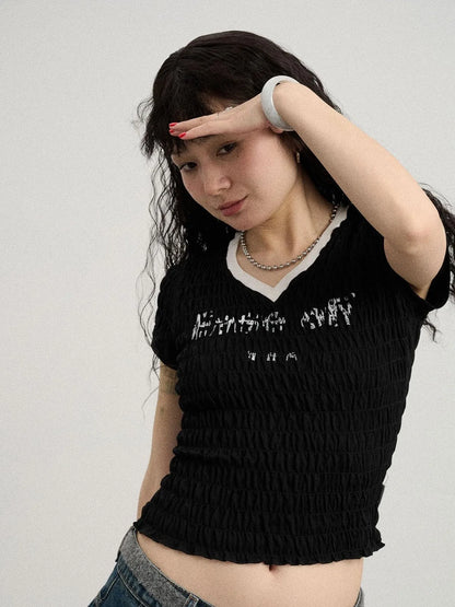 Summer V-neck Ruffle Cotton Tee