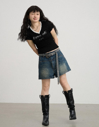 Achihara Summer V Neck Ruffle Cotton Tee