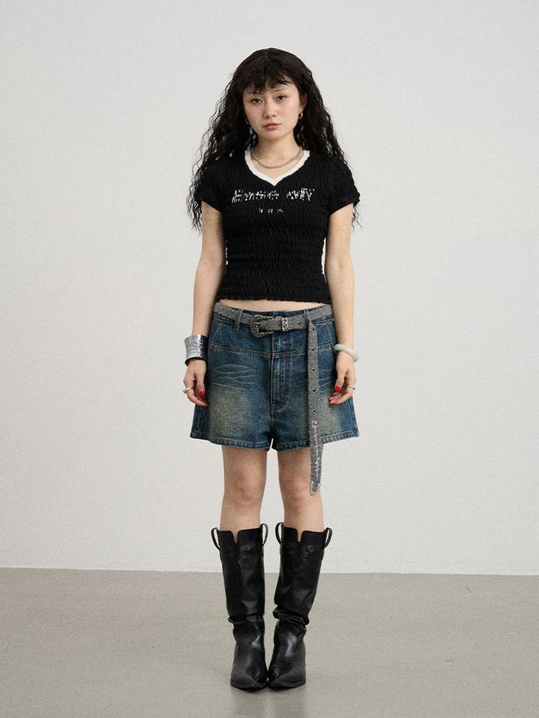 Achihara Summer V Neck Ruffle Cotton Tee