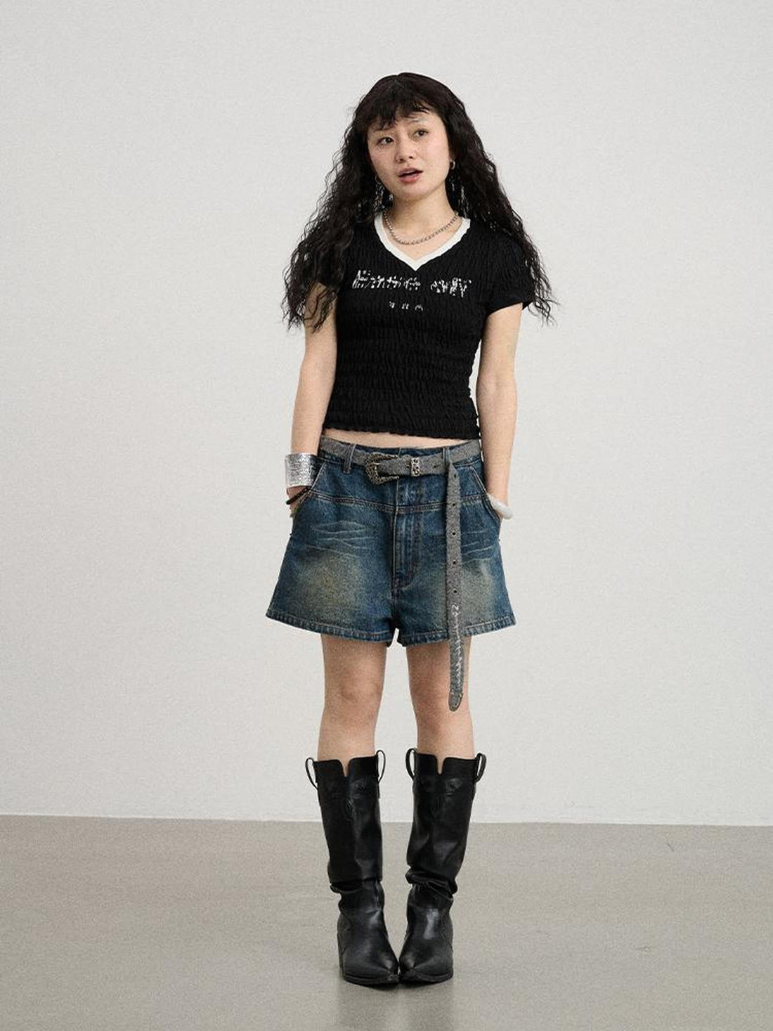 Achihara Summer V Neck Ruffle Cotton Tee