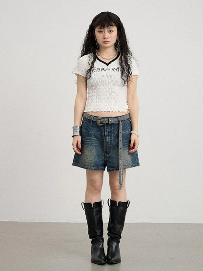 Summer V-neck Ruffle Cotton Tee