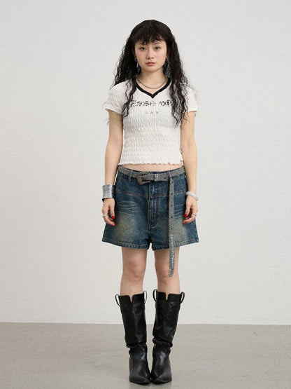 Summer V-neck Ruffle Cotton Tee