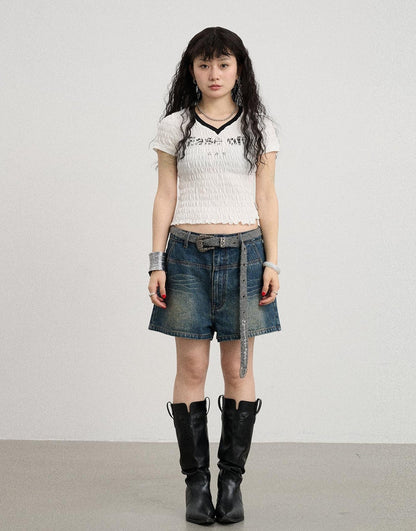 Achihara Summer V Neck Ruffle Cotton Tee