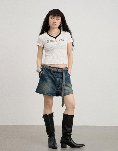 Achihara Summer V Neck Ruffle Cotton Tee