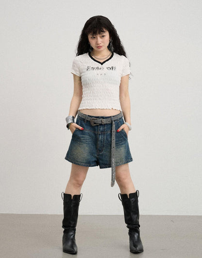 Achihara Summer V Neck Ruffle Cotton Tee