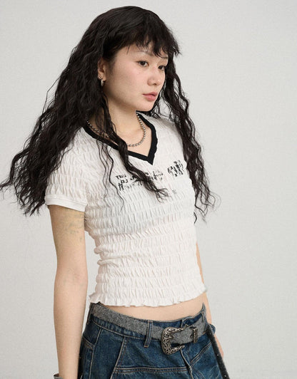 Achihara Summer V Neck Ruffle Cotton Tee