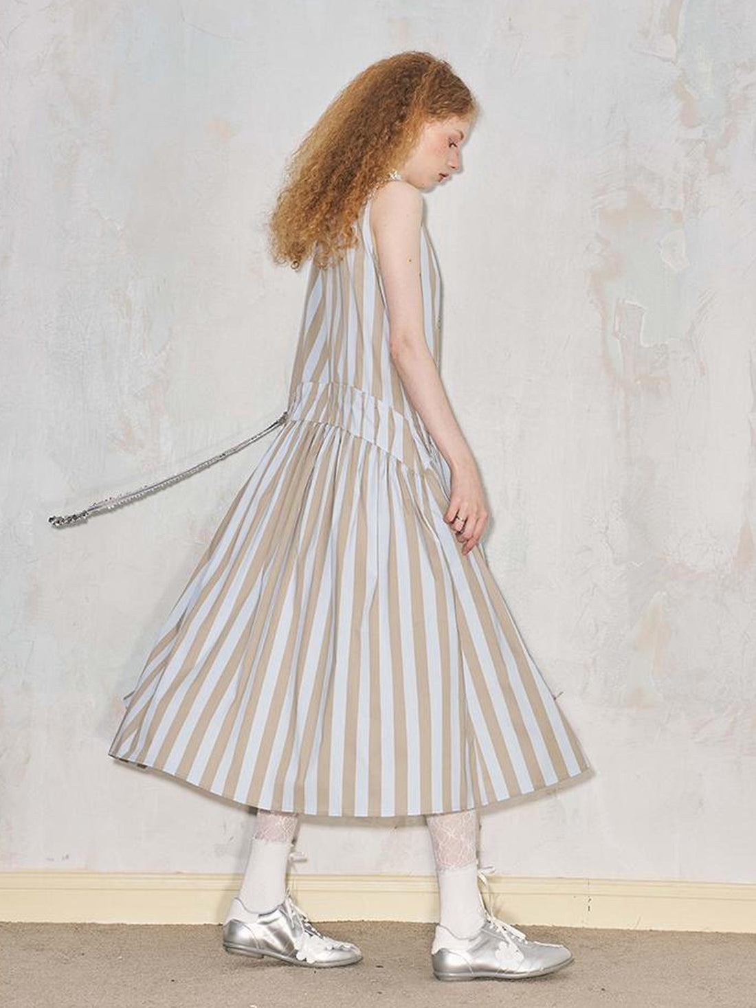 DIDDI MODA Summer V Neck Tuck Pleated Striped Maxi Dress