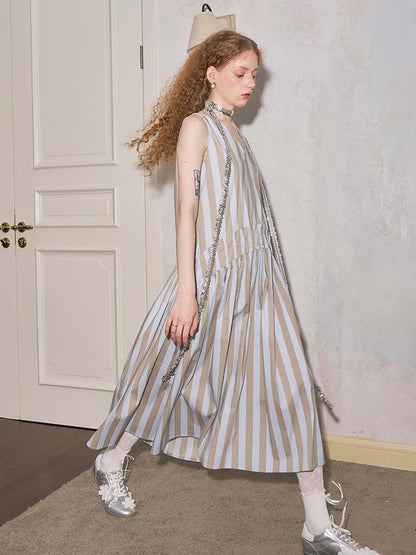 DIDDI MODA Summer V Neck Tuck Pleated Striped Maxi Dress