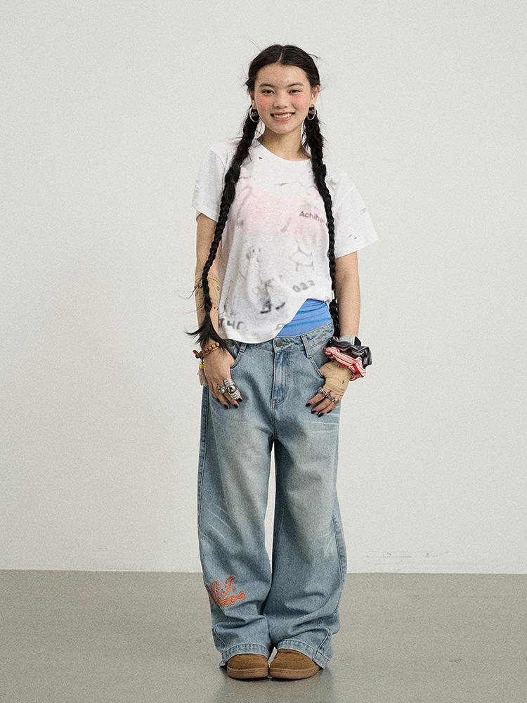 Achihara Summer Women S Distressed Graphic Cotton Knit T-Shirt