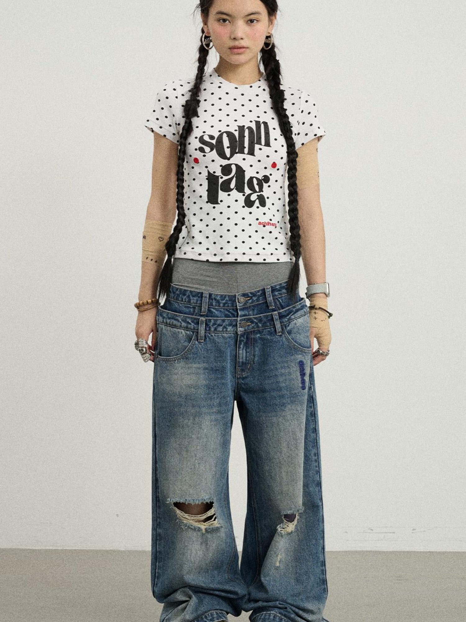 Achihara Sunday Polka Print Short Sleeve T-Shirt