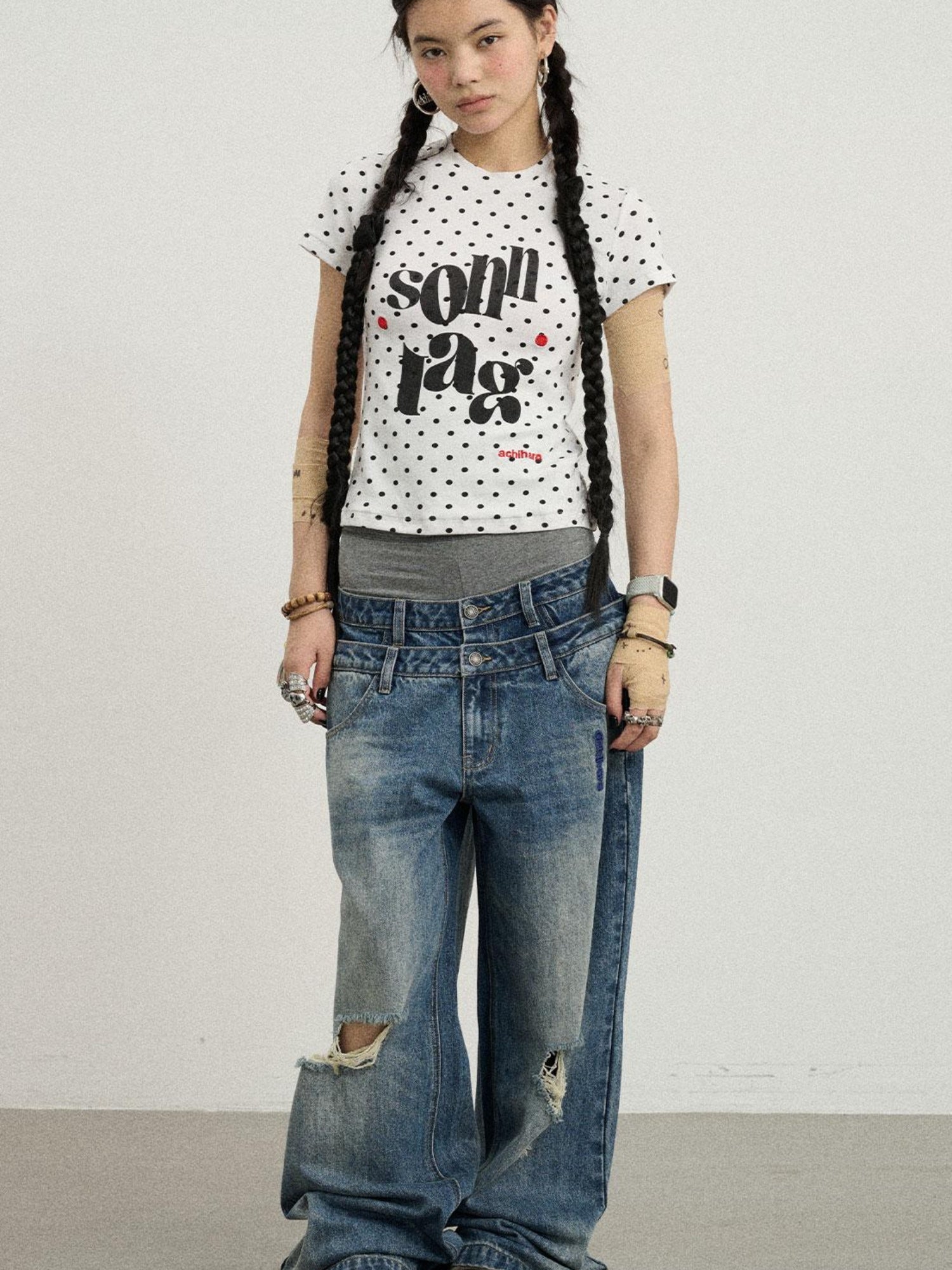 Achihara Sunday Polka Print Short Sleeve T-Shirt