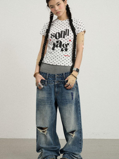 Achihara Sunday Polka Print Short Sleeve T-Shirt
