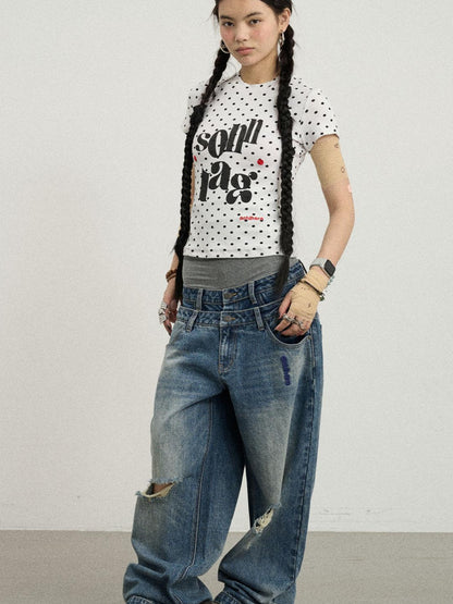 Achihara Sunday Polka Print Short Sleeve T-Shirt