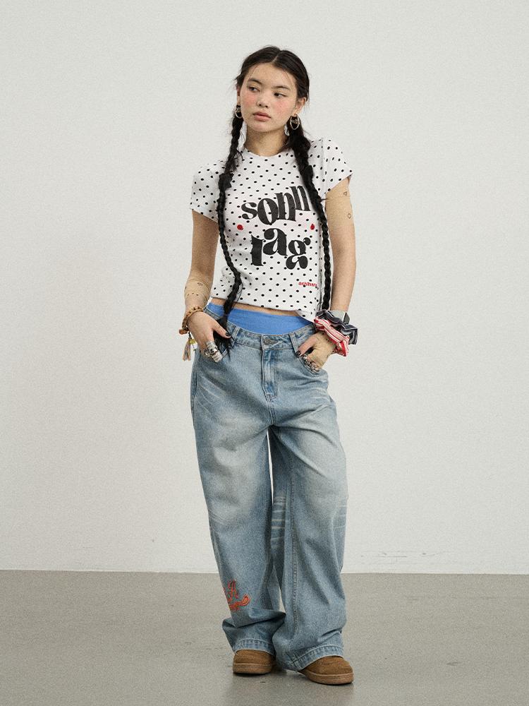 Achihara Sunday Polka Print Short Sleeve T-Shirt