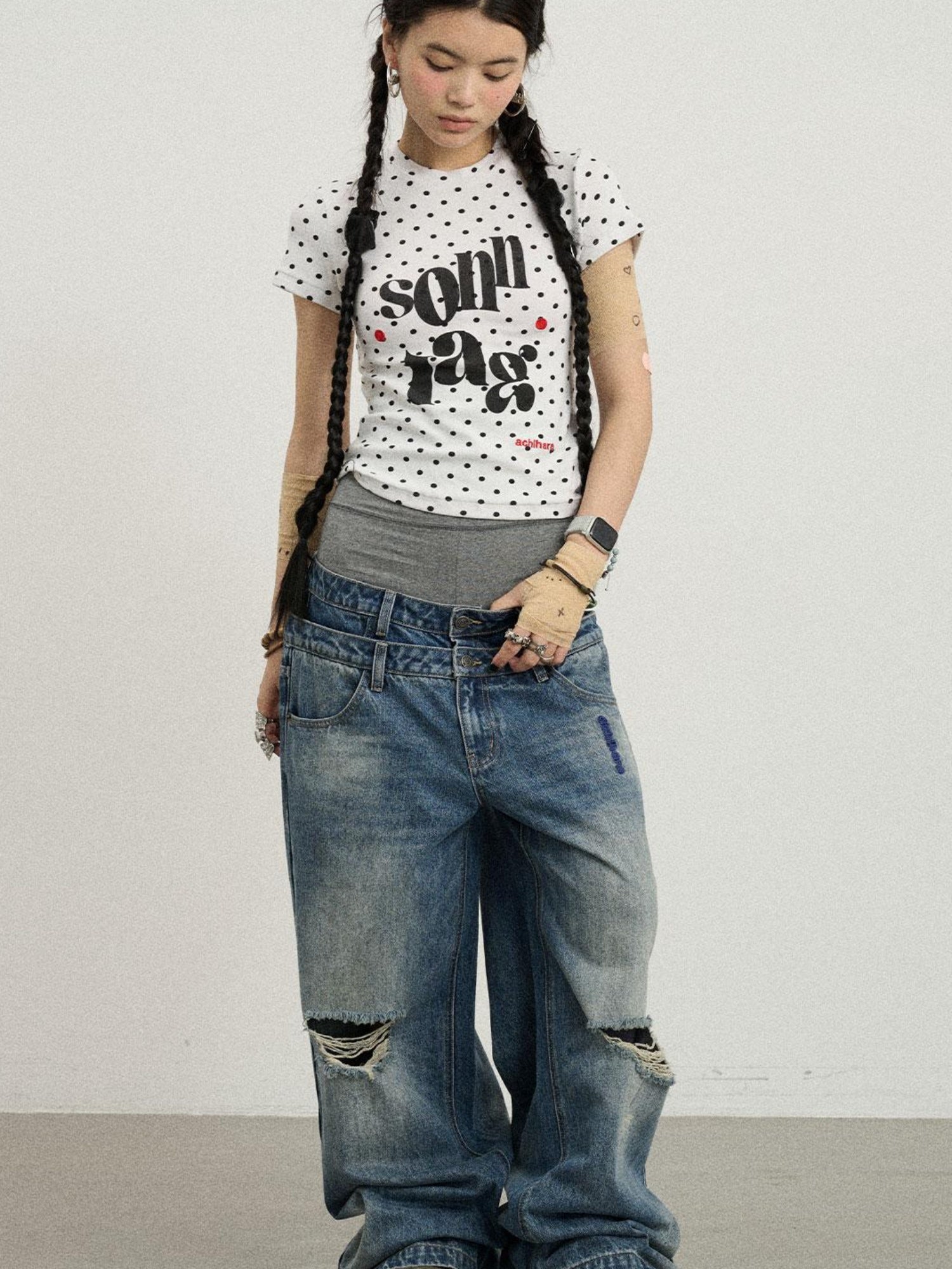 Achihara Sunday Polka Print Short Sleeve T-Shirt