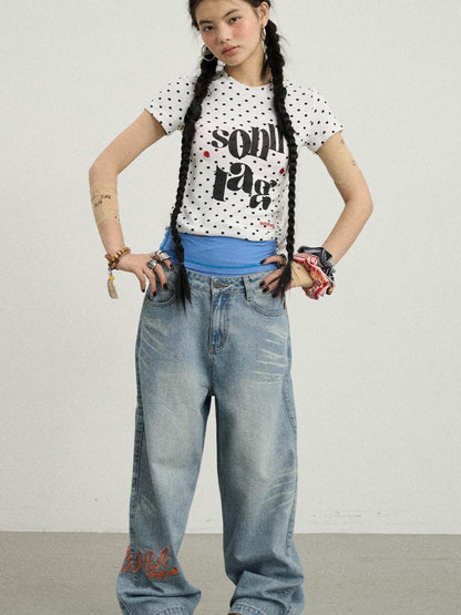 Achihara Sunday Polka Print Short Sleeve T-Shirt