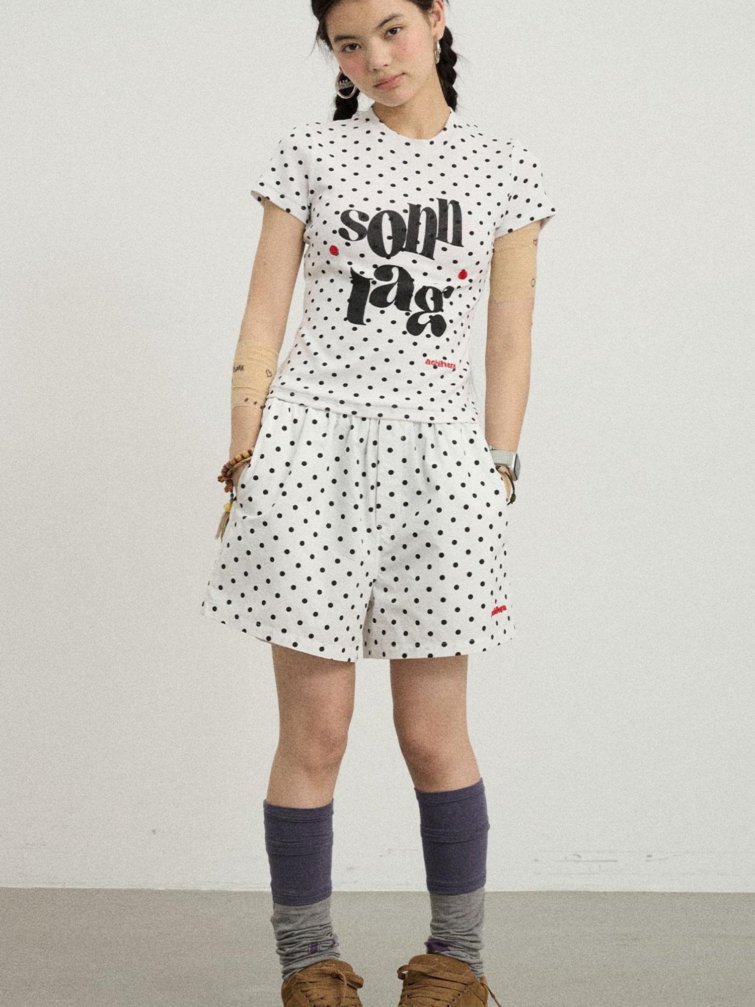 Achihara Sunday Polka Print Short Sleeve T-Shirt