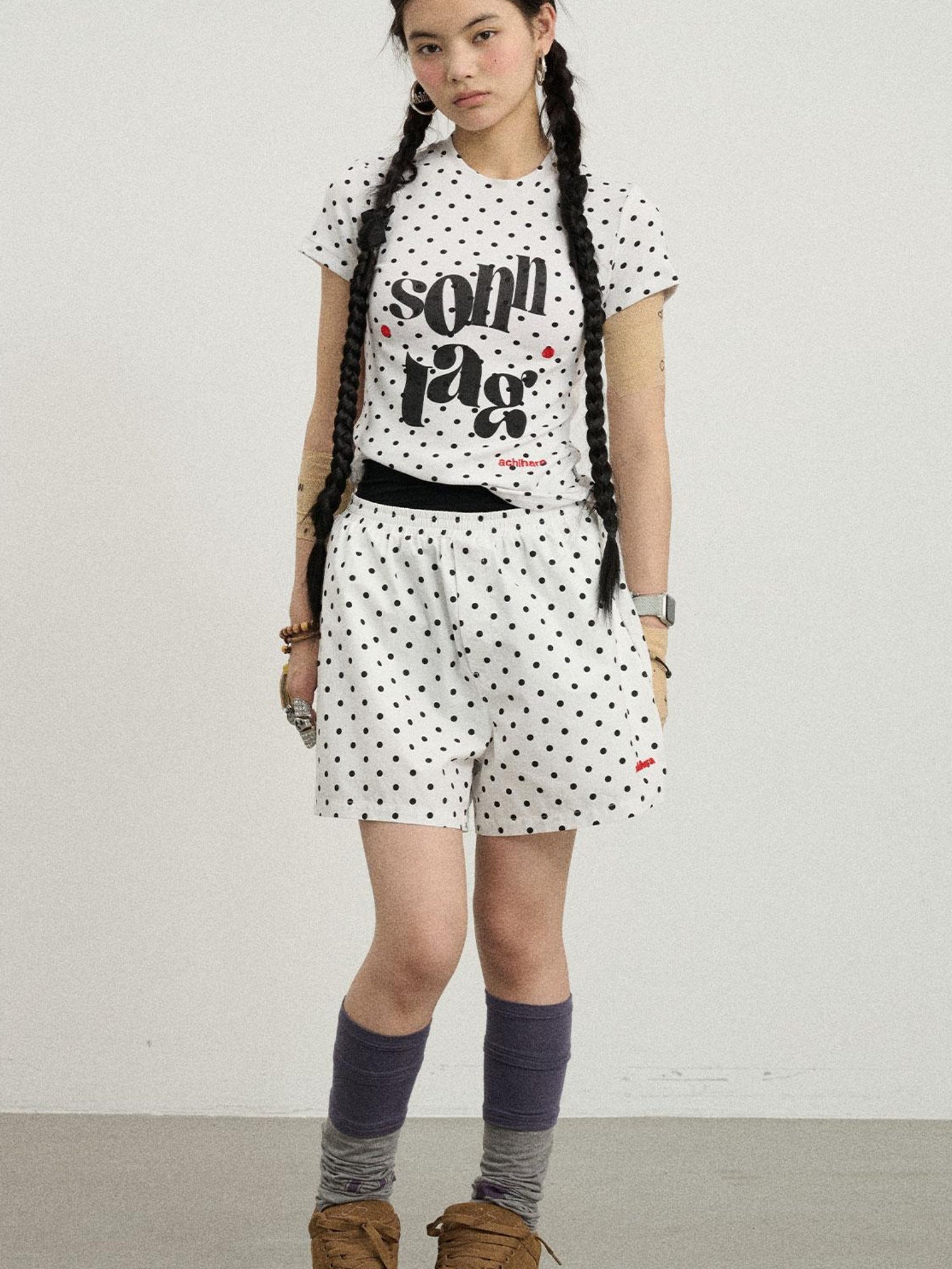 Achihara Sunday Polka Print Short Sleeve T-Shirt