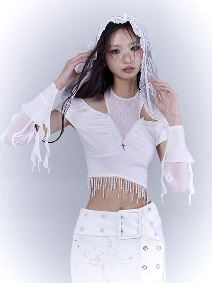 WSW WUSHENWU Sunlight Lace Dream White Elegant Crop Top