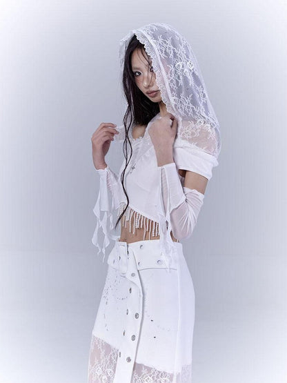 WSW WUSHENWU Sunlight Lace Dream White Elegant Crop Top