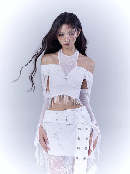 WSW WUSHENWU Sunlight Lace Dream White Elegant Crop Top