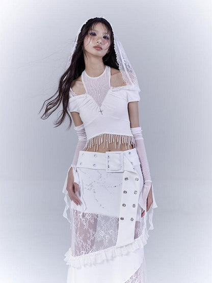 WSW WUSHENWU Sunlight Lace Dream White Elegant Crop Top