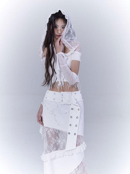 WSW WUSHENWU Sunlight Lace Dream White Elegant Crop Top